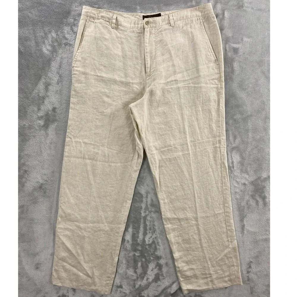 Tasso Elba 100% Linen Trousers Mens 34x32 Beige Flat Front Summer Beach Pants